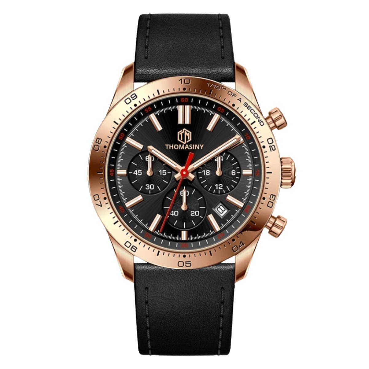 Thomasiny RVS Chronograaf Heren Horloge Seiko VD53 5ATM Zwart Rose Luxe Staal Leren Band