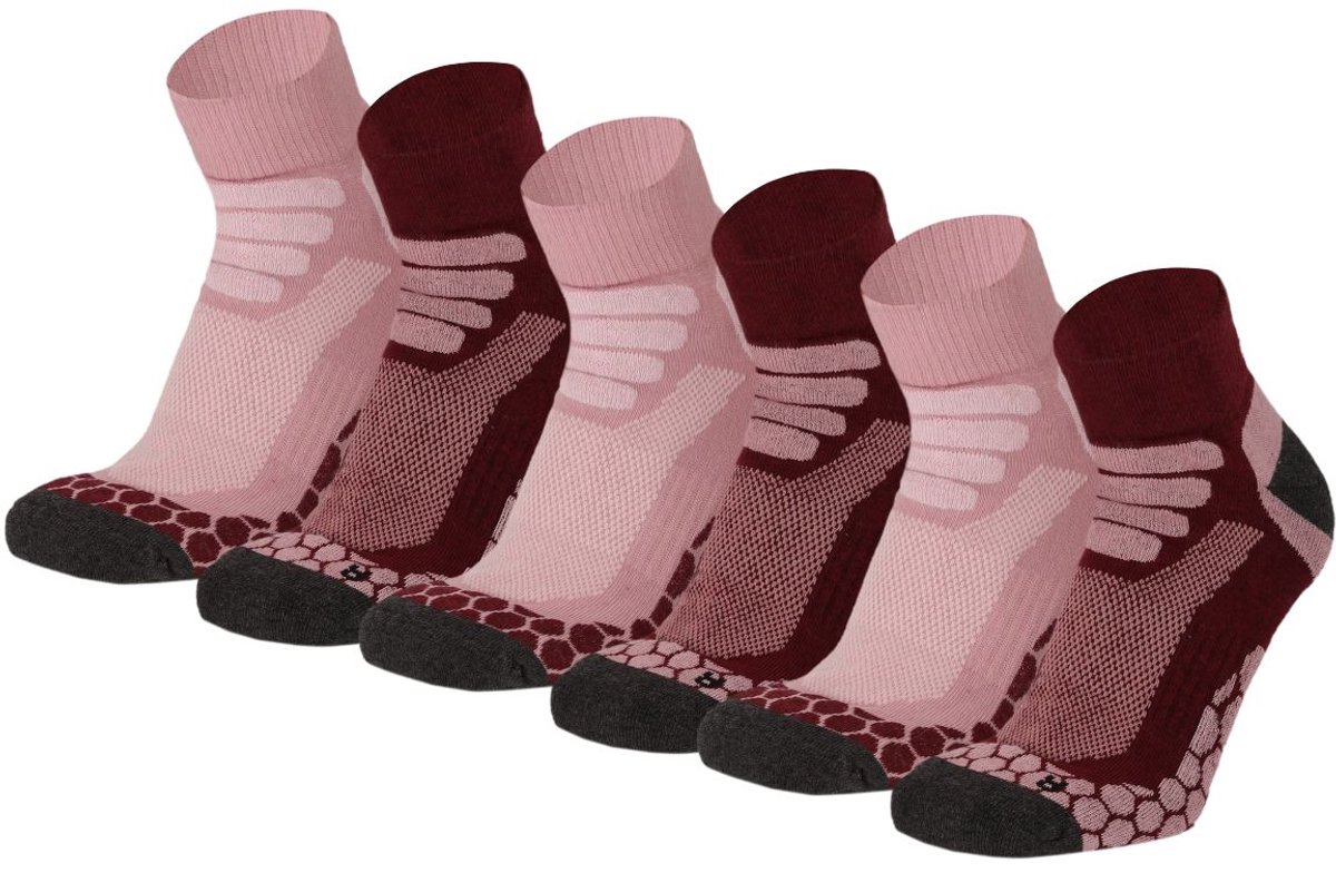 Xtreme Sockswear Quarter Wandelsokken – 6 Paar – Lage Hiking Sokken Unisex – Katoen & Coolmax – Multi Burgundy Rood