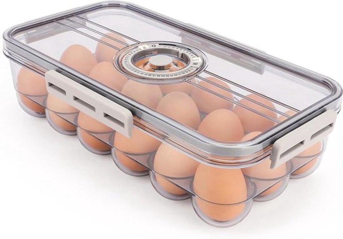 Ei-opslagcontainer met timerdeksel voor koelkast - BPA-vrij kunststof - 18-eieren tray - draagbaar, stapelbaar, doorzichtige ei-organizer doos voor koelkast met maand-dag-timer - transparant