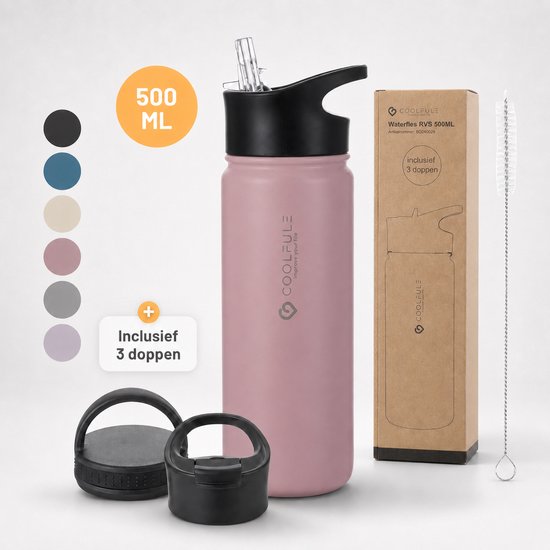 Roze 500ml RVS drinkfles met zwarte rietjesdop, inclusief 3 doppen en borstel. Kleurenpalet links.
