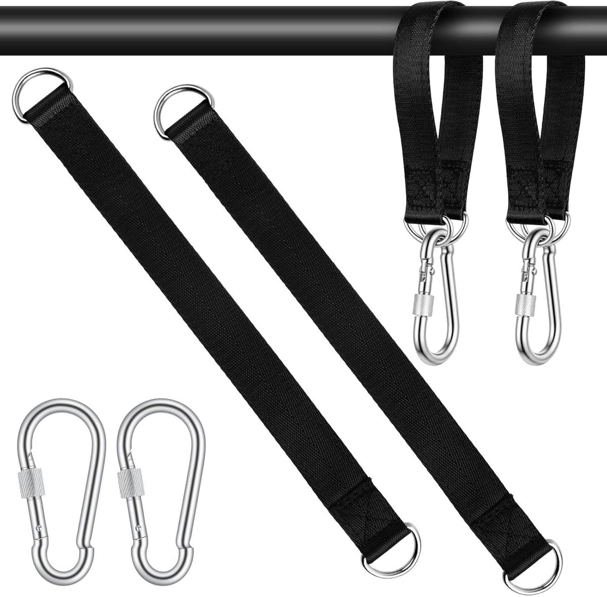 Hangmat Riem Bevestiging - Schommel Ophangriemen - Tuin Ontspanning - Verstelbaar met Karabijnhaak - 30 cm - Zwart
