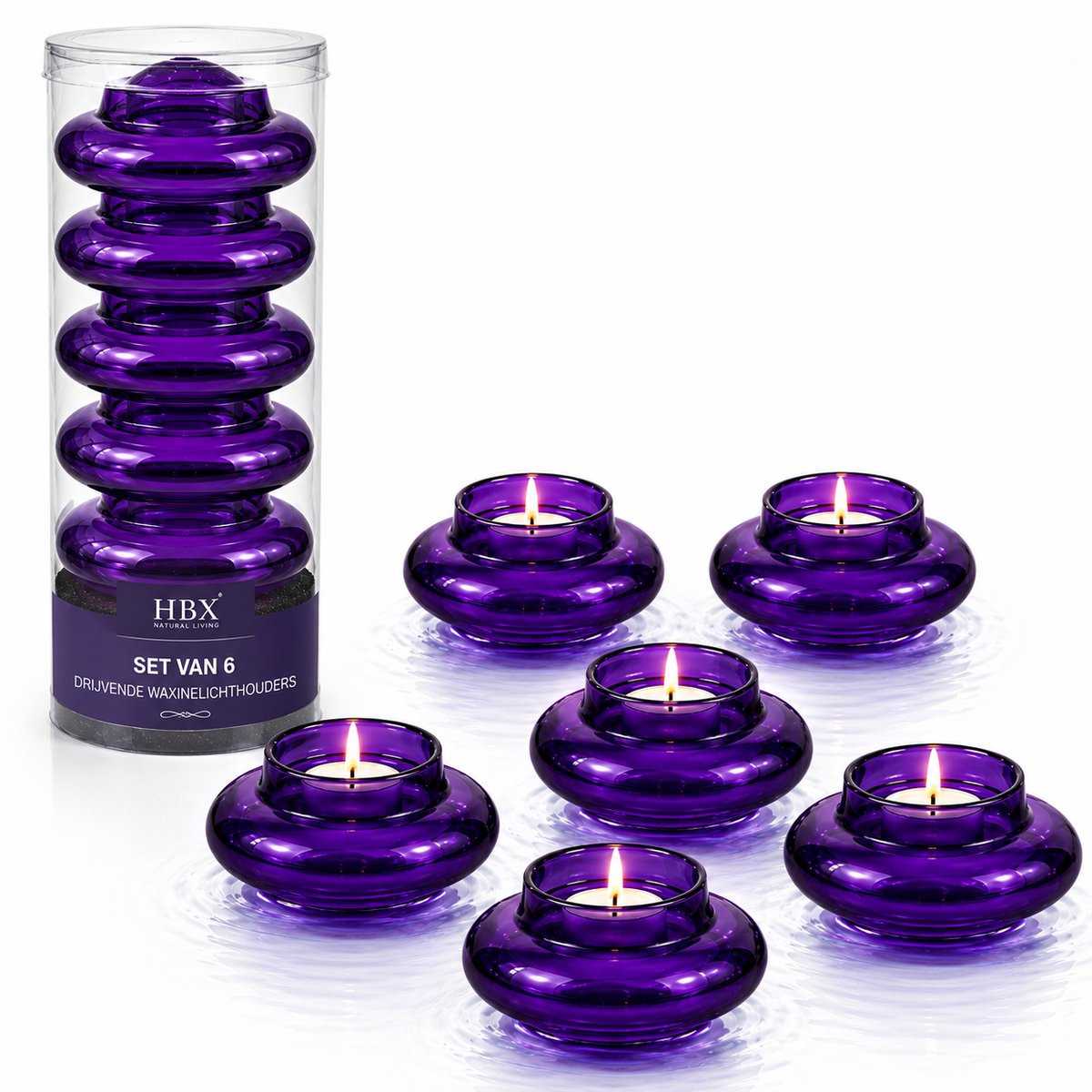 Drijvende Waxinelichthouders Set van 6 – Paars Glas – Floating Tealight Holders – Voor Schaal, Vijver, Zwembad, Bruiloft & Sfeerdecoratie