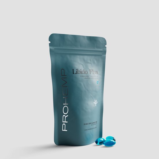 Blauwe ProHemp Libido Plus verpakking met twee blauwe capsules ernaast op een grijze achtergrond.