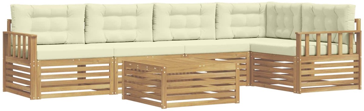vidaXL Buiten - bank - set - 6 - st - 5-zits - Wit - en - crèmekleurig - Polyester Wit en crèmekleurig