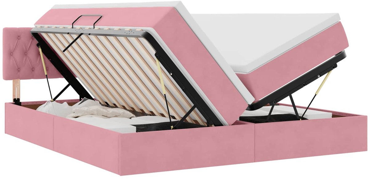 vidaXL LED - opbergbed - met - matras - Roze - 200 - x - 200 - cm - Fluweel