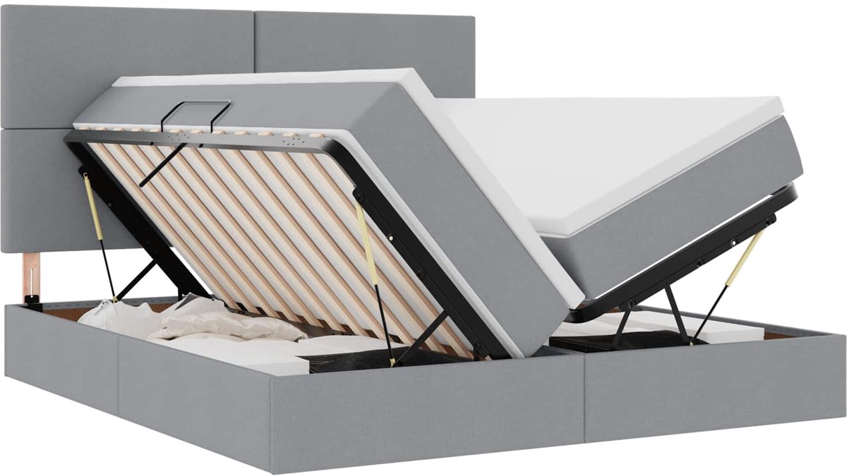 vidaXL LED - opbergbed - met - matras - Lichtgrijs - 200 - x - 200 - cm - Stof