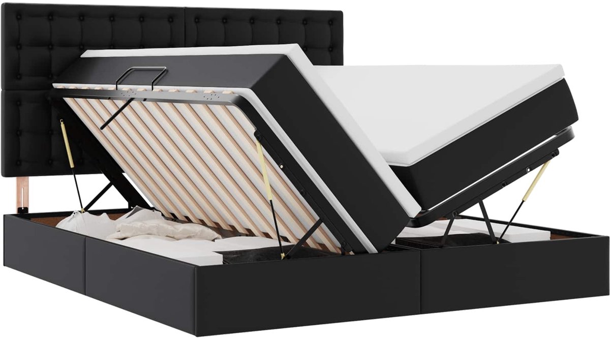 vidaXL Opbergbed - met - LED - met - hoofdeinde - Zwart - 180 - x - 200 - cm - Kunstleer