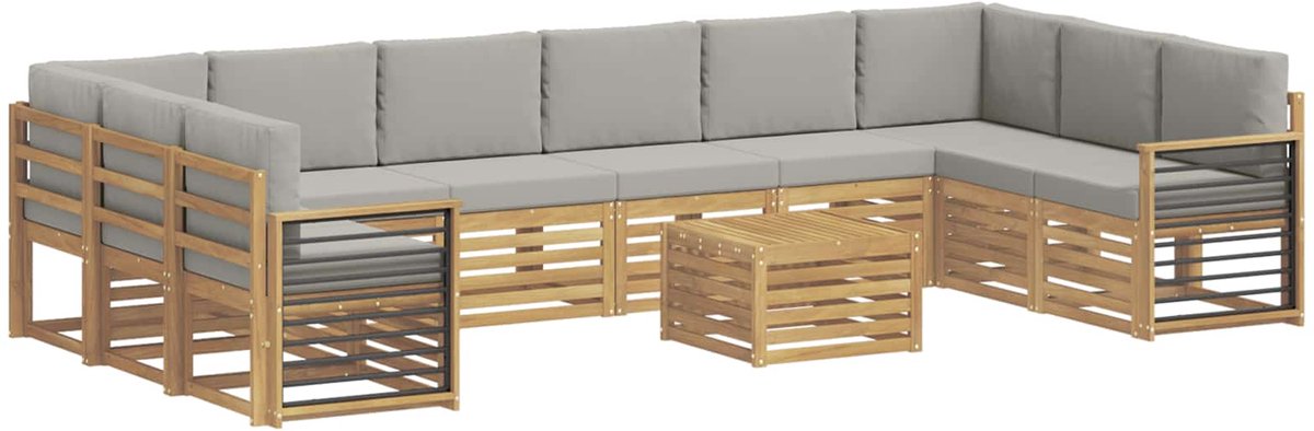 vidaXL Buiten - bank - set - 11 - st - 10-zits - Wit - en - Lichtgrijs - Polyester Wit en Lichtgrijs