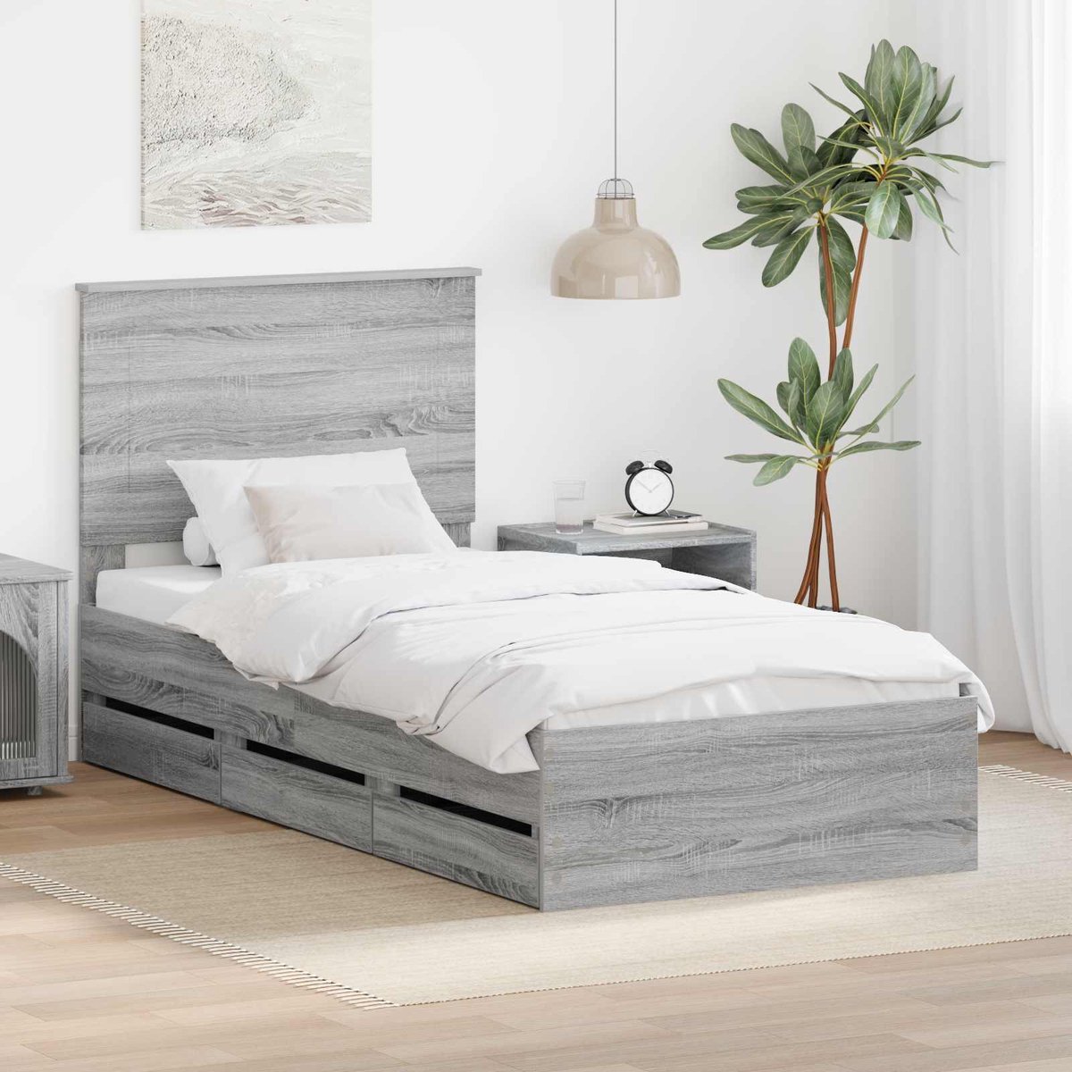 vidaXL Bedframe - met - lade - Grijs - Sonoma - 75 - x - 190 - cm - Ingenieurshout Grijs sonoma