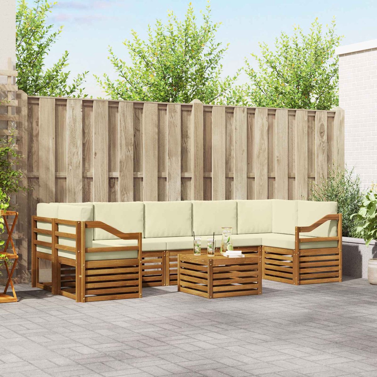 vidaXL Buiten - bank - set - 8 - st - Natuurlijk - en - Crème - Massief - Acacia - Hout Natuurlijk en Crème