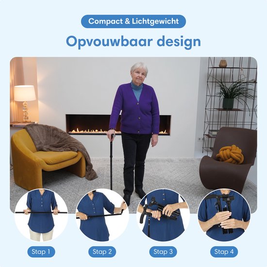 Vrouw in paarse vest staat met een zwarte wandelstok, met illustraties van het opvouwproces.