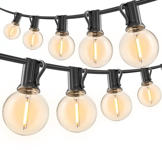 Een lichtsnoer met tien ronde, warm witte LED-lampen, elk met een zwarte fitting, op een witte achtergrond.