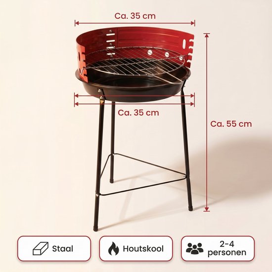 Cheqo® Houtskool Barbecue - Ronde BBQ op 3 Poten - Staande Barbecue - Grillrooster met Windscherm - Verstelbaar Rooster voor Tuin en Balkon - Buitenbarbecue - Houtskoolbarbecue - Rood - Camping BBQ - Grillen voor Buiten - Picknick van Merkloos — afbeelding 5