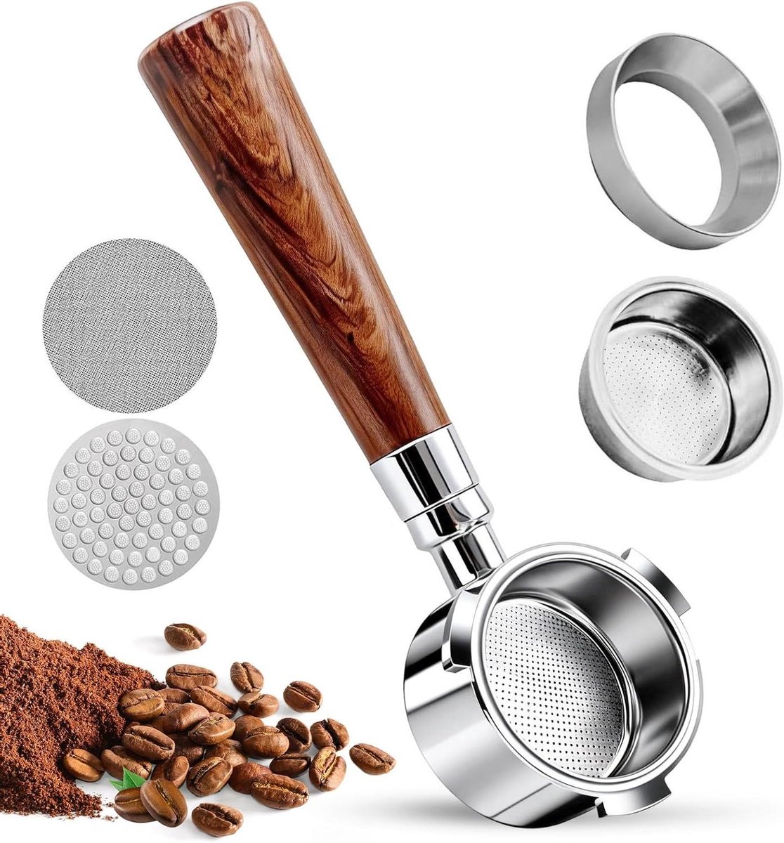 Bodemloze zeefdrager Espresso houder Koffie bereiden Walnoothouten handvat 51 mm Bruin