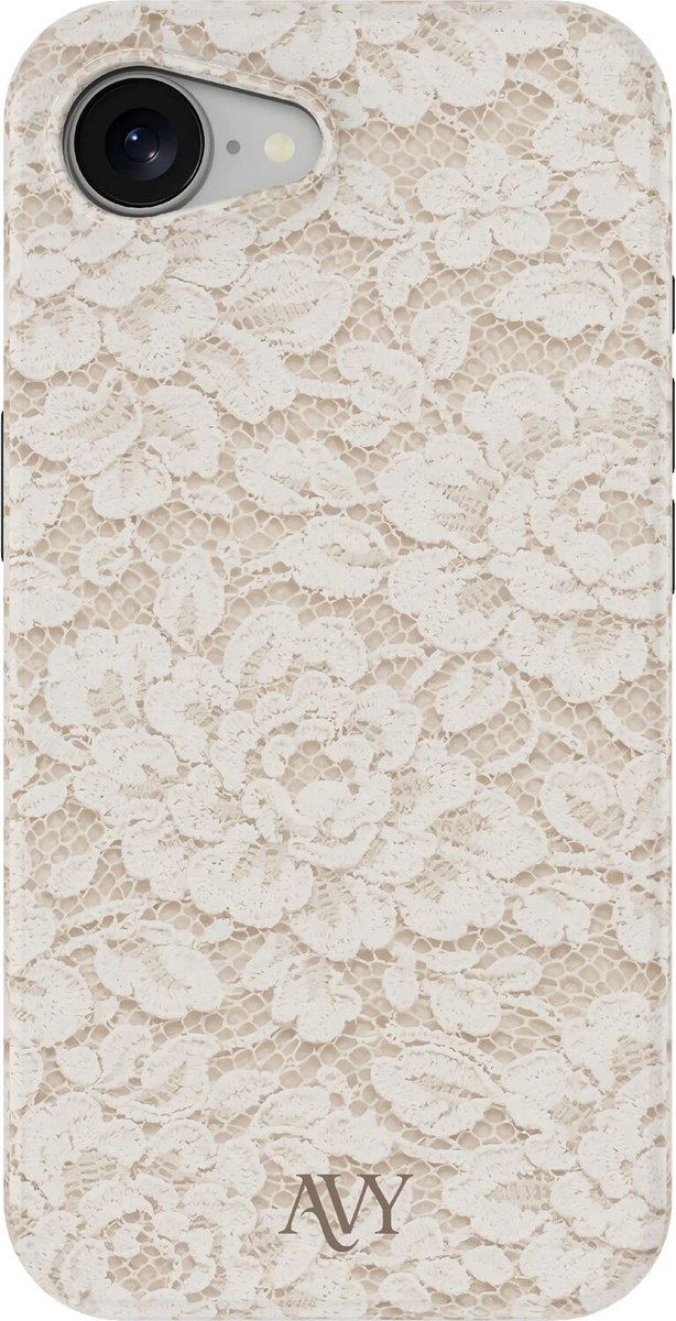 AVY Hoesje geschikt voor Apple iPhone 17e / 16e | Vintage Lace | Kant | Beige | Hard Shell Back Cover | Compatibel met MagSafe & Qi2