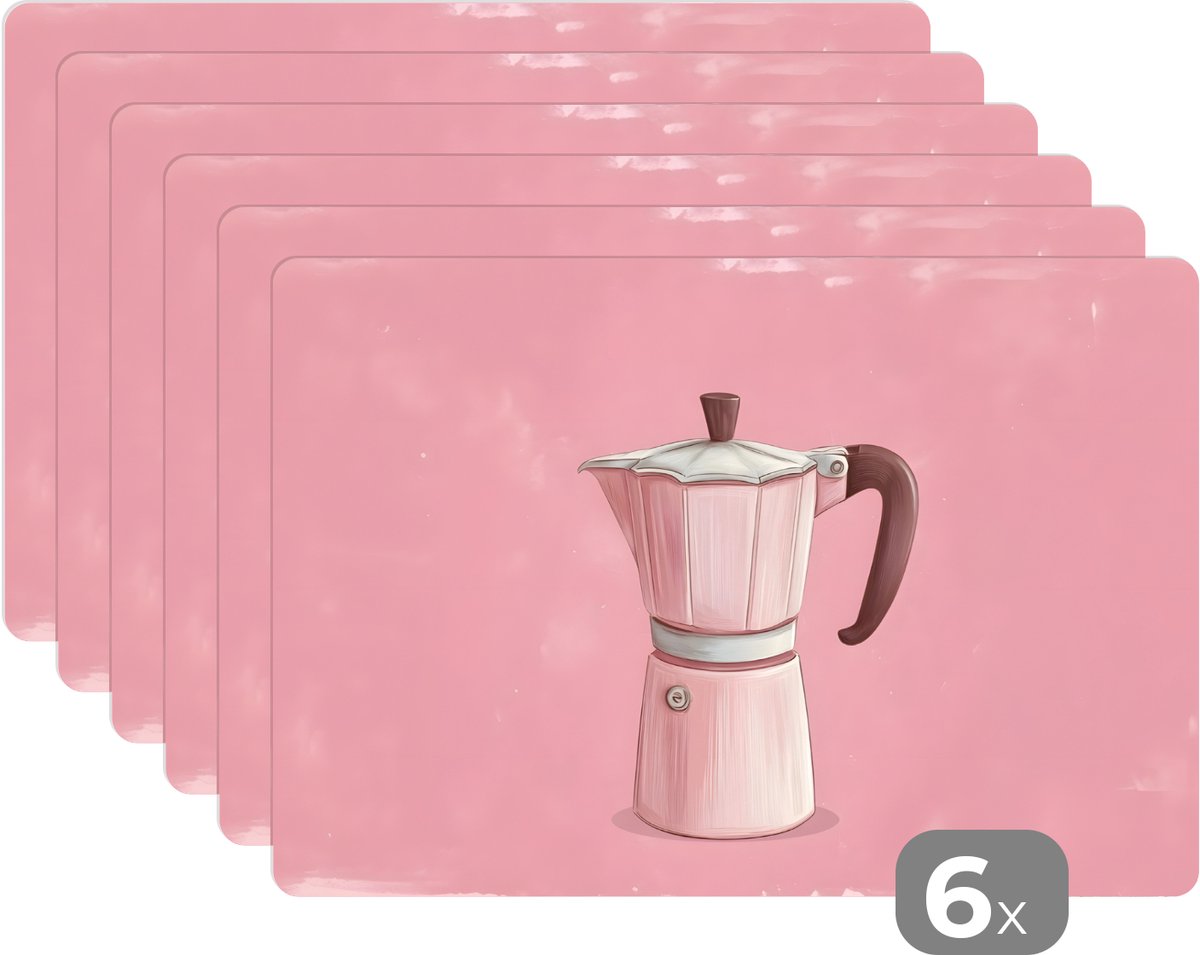 Placemats 45x30 cm - Placemat kunststof - 1 stuk - Roze - Mokkapot - Illustratie - Koffie - Borden onderleggers - Decoratie voor op tafel - Keuken tafeldecoratie accessoires - Vinyl onderlegger - Tafelversiering
