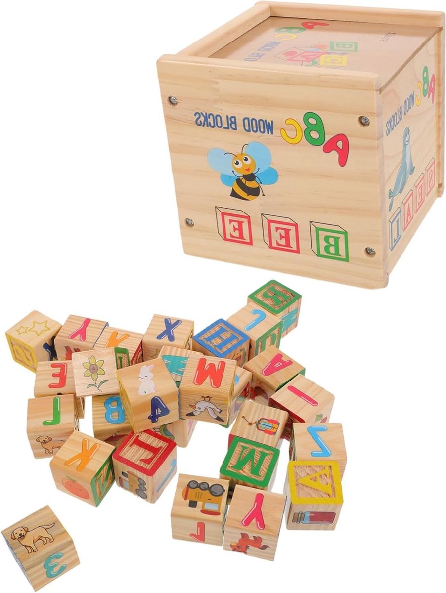 Houten Blokken - Alfabet Cijfer Blokken - Educatief Spelen - Afgeronde Hoeken - 11.00X11.00X11.00CM - Multicolor