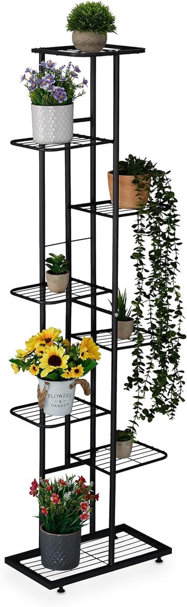 Famanu – Plantenstandaard met 8 etages voor 9 bloempotten, metalen plantenrek voor binnen, zwart, ideaal voor het presenteren van bloemen en planten