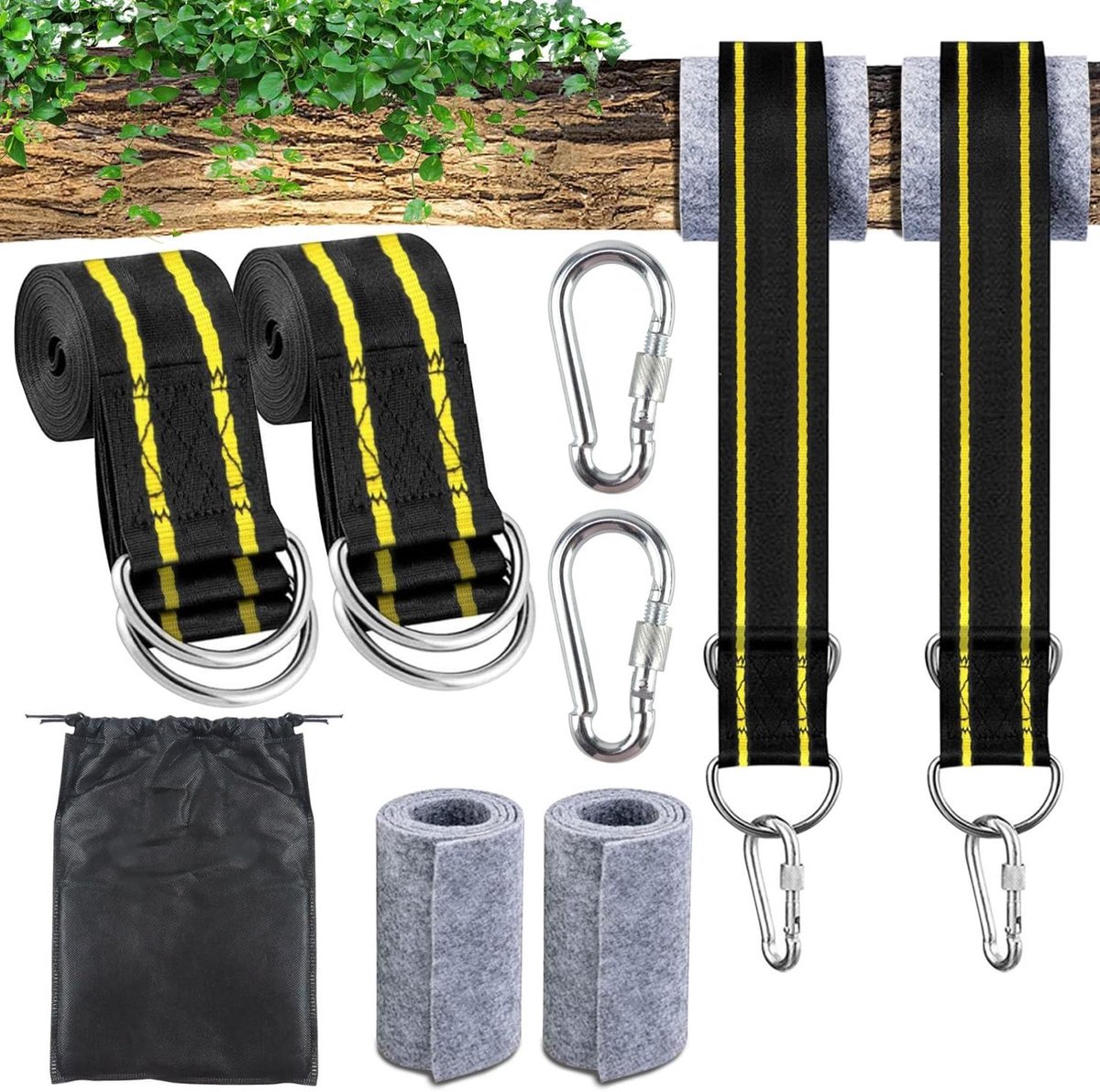 Schommelbevestiging Set - Hangmat Haken - Buiten Ontspannen - Scheurvast Nylon Materiaal - 2 Riemen 150cm - Zwart