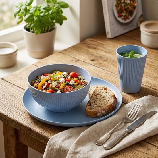Blauw camping servies dames en heren 3 delige servies set met bord kom en beker lichtgewicht PP tafelgerei voor kamperen picknick outdoor reizen en dagelijks gebruik — afbeelding 3