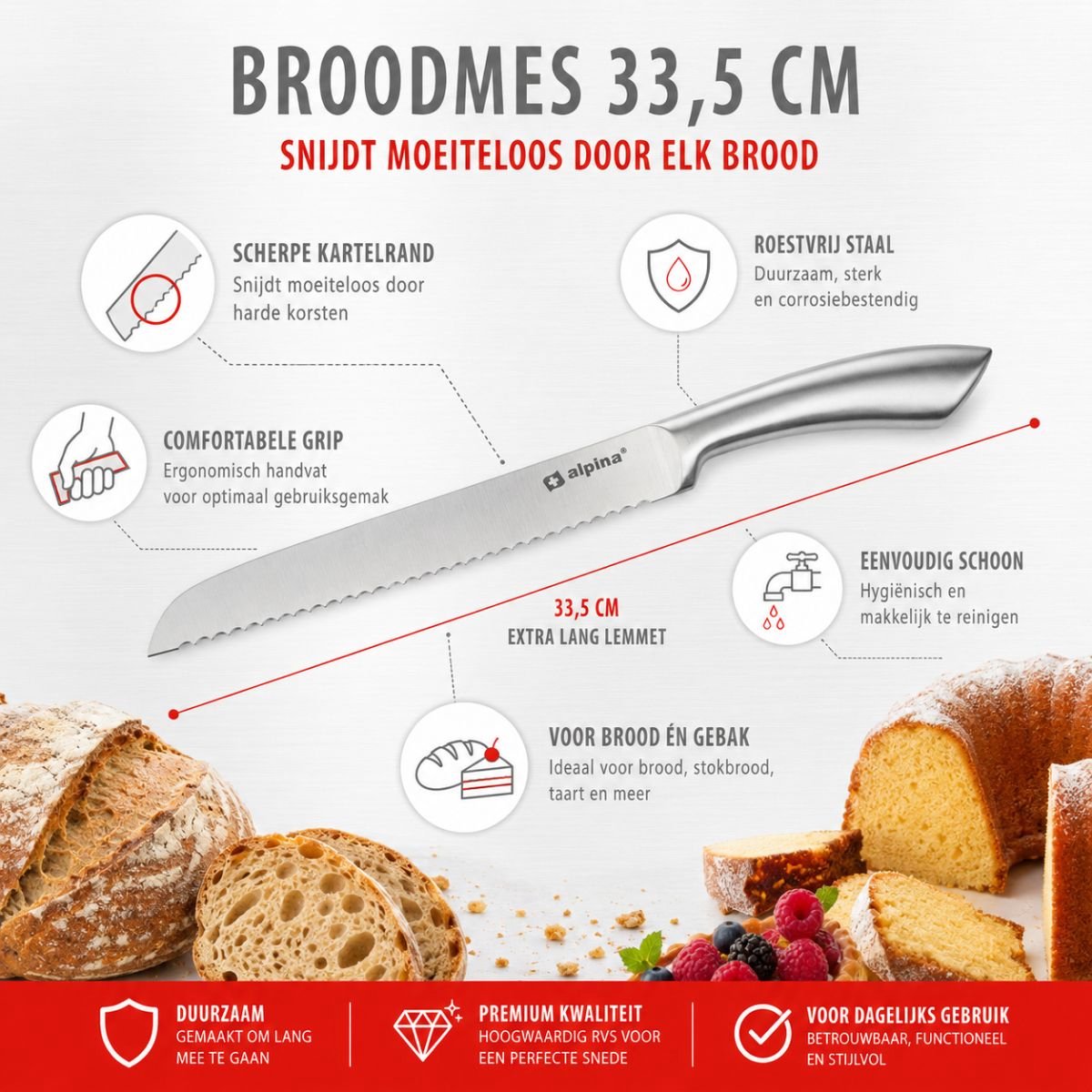 alpina Broodmes 33,5 cm - RVS Kartelmes met Ergonomisch Handvat - Gekarteld Mes voor Brood, Gebak en Meer - Vaatwasser Bestendig - Zilver — afbeelding 2