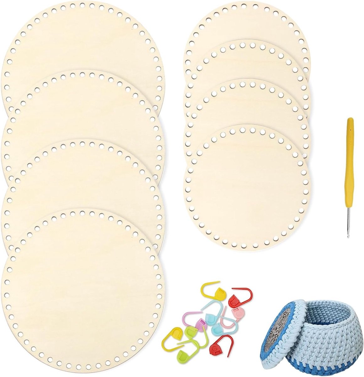 Set van 8 Haakmand Bodems - 4x Ø10cm en 4x Ø15cm - Houten Bodems voor DIY Projecten met Haaknaald en Marker Clips