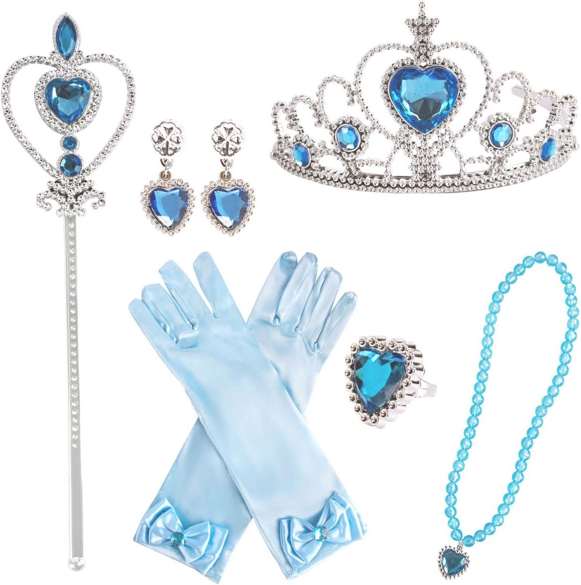 Prinsessen Kostuum Accessoires Set met Kroon, Oorbellen, Toverstaf, Ring, Ketting en Handschoenen in Blauw voor Feestjes en Verkleedpartijen