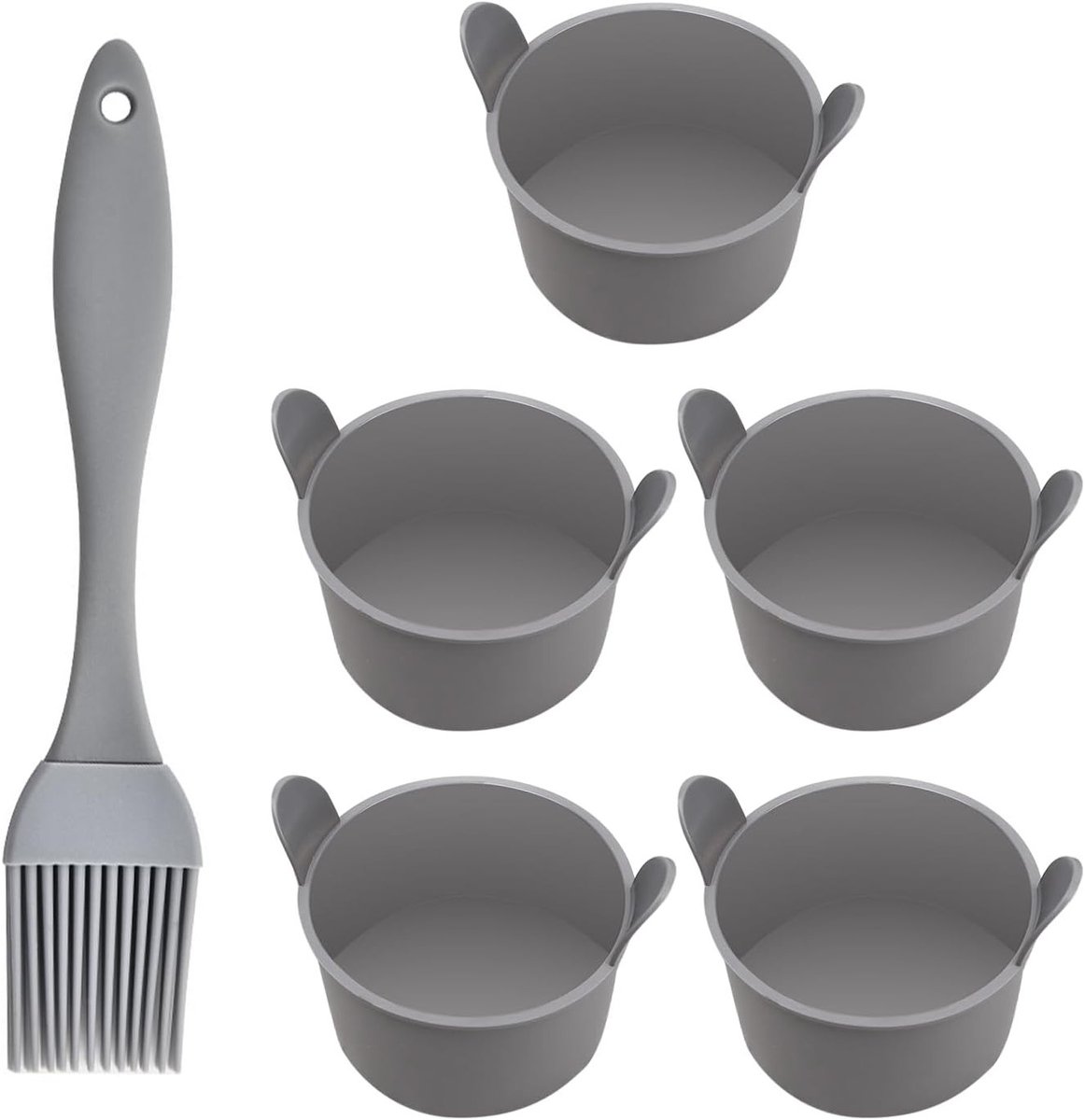 Set van 5 Grijze Silliconen Bakvormen voor Airfryer met 1 Grijze Oliekwast - Ideaal voor Pudding, Taart en Eieren bereiden