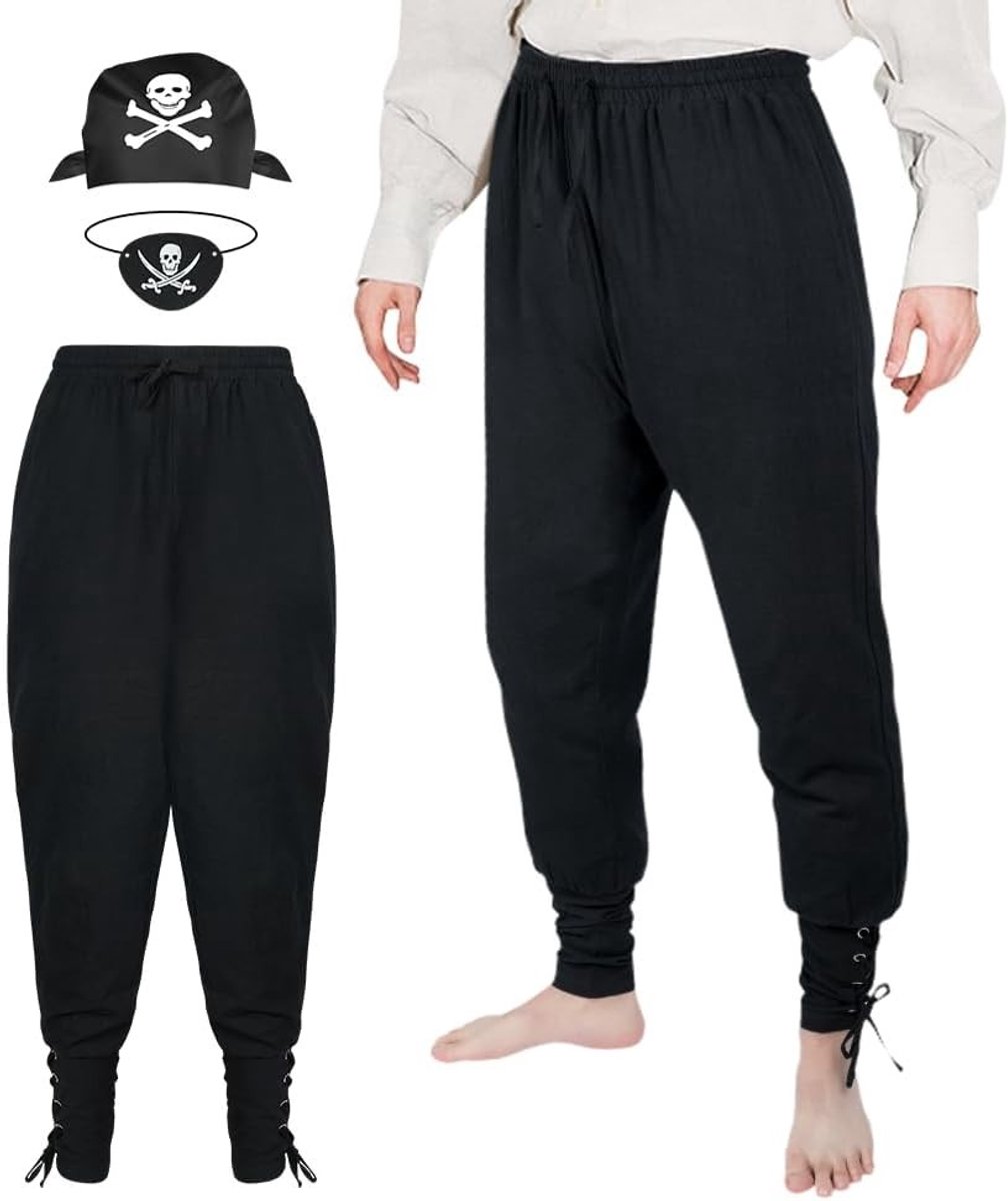 Piratenbroek voor Mannen - Middeleeuwse Viking Kostuum met Blinde Doek en Bandana, Katoenen Piratenbroek met Touw en Elastische Taille, Perfect voor Feestjes en Theaterspelen