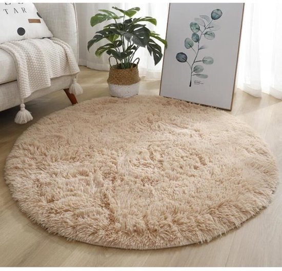 Tapis beige pour salon, rond, 120 cm - tapis de chambre à poils longs - tapis doux et moelleux