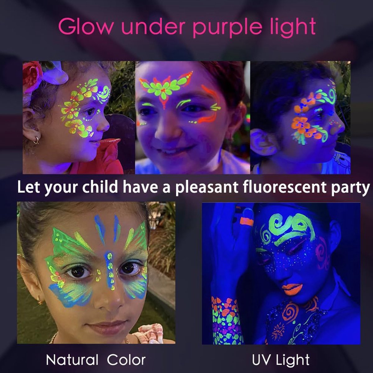 Schminkstiften - Schmink Set Krijtjes - 6 kleuren, 12 stuks -Fluoriserend UV Neon Glow in the Dark Krijtjes-Giftige Gezichtsverfkrijtjes voor Halloween Cosplay Make-up-Helderste Glow onder UV-Licht — afbeelding 8