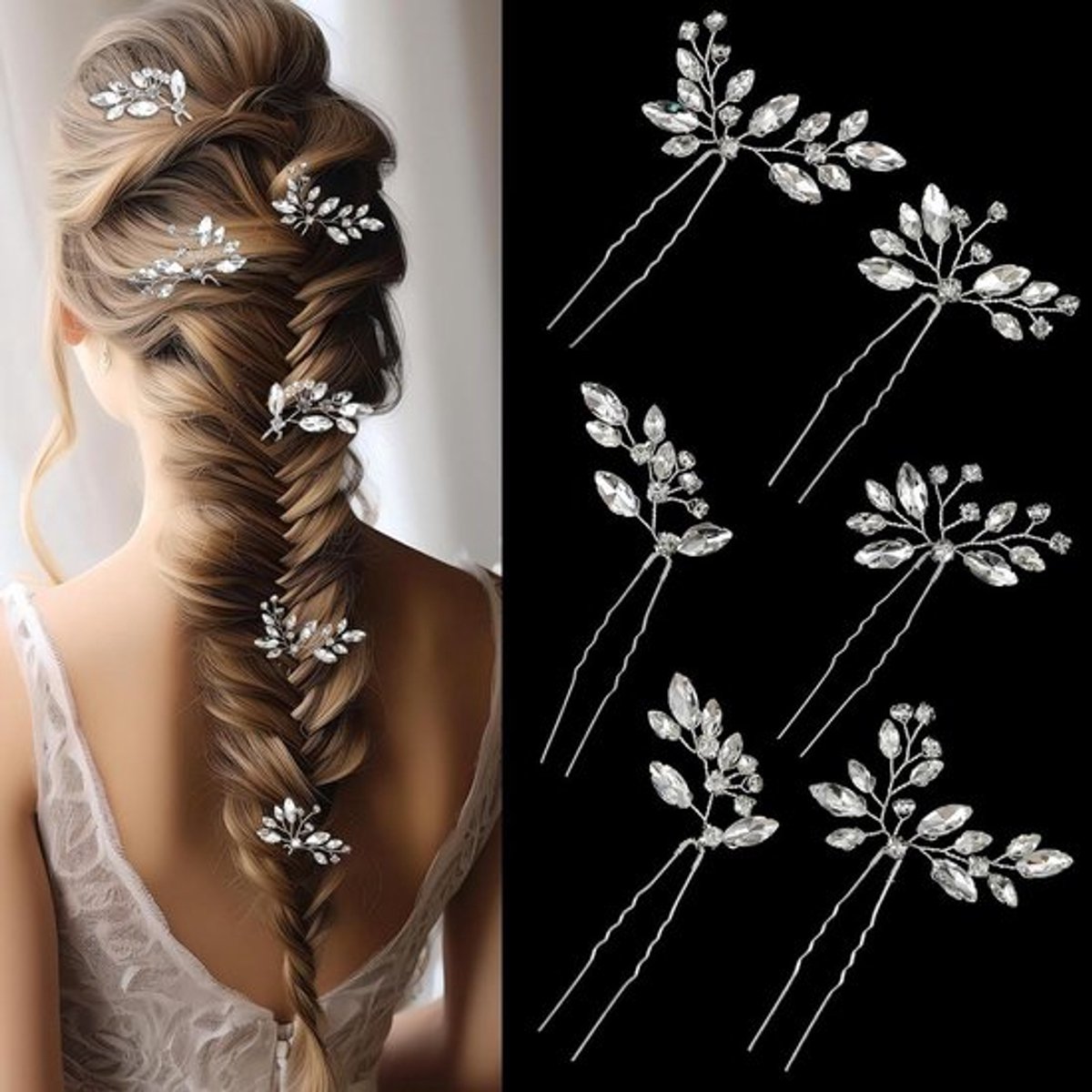 Bladzilver haarspeld met strass, U-vorm, voor bruiloft en feest, 6 stuks