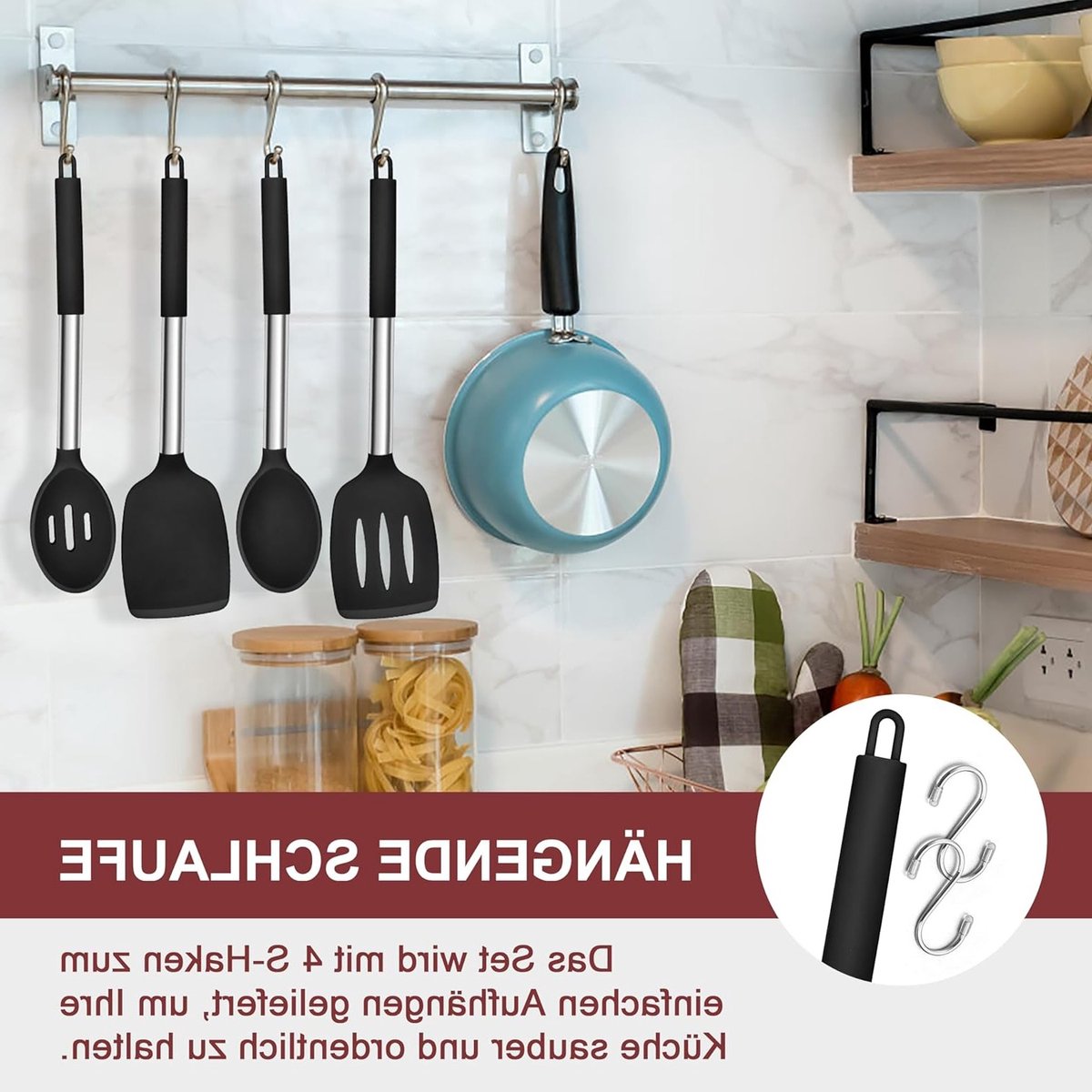 Set van 8 Zwarte Siliconen Spatula's en Kooklepels met RVS Handvat, Duurzaam en Vaatwasserbestendig Keuken Gereedschap