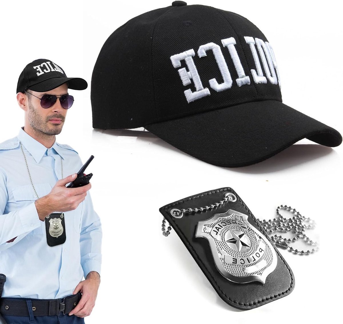 Politie Kostuum Set voor Mannen en Kinderen - Verstelbare Politie Pet, Badge en Accessoires voor Halloween en Cosplay