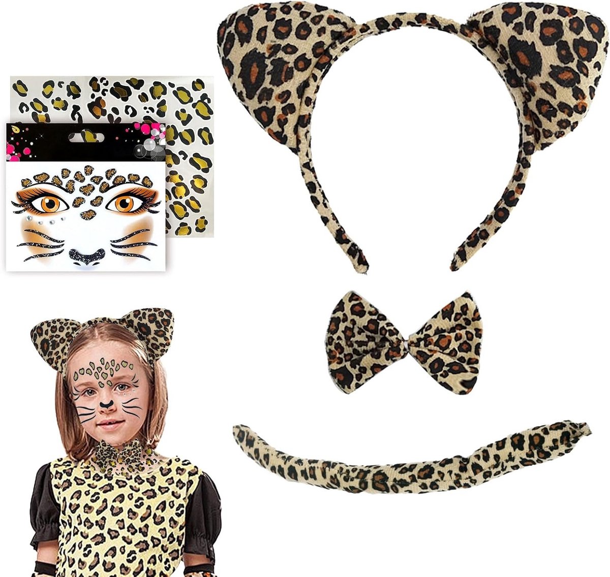 Leopard Kostuum Set voor Kinderen en Volwassenen met Oren, Staart en Gezichtsstickers voor Carnaval en Halloween