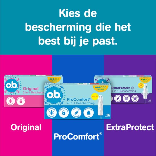 Trio verpakkingen tampons: o.b. Original, ProComfort en ExtraProtect in verschillende kleuren.
