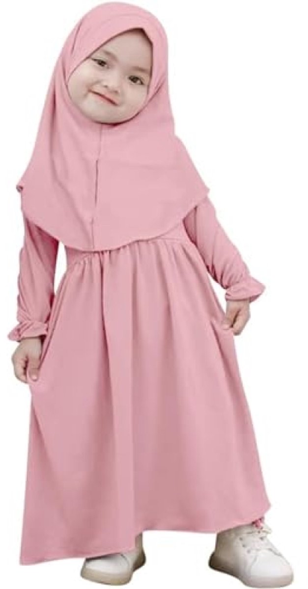 Baby meisjes abaya en hijab set, roze, 2-3 jaar - zachte badjas met bijpassende hoofddoek
