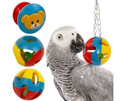 Vogelkooi Vogel Speelgoed Set - Papegaai Speelbal met Bel 3-Delige Set - Kleurrijk Plastic Hangaccessoire voor Middelgrote en Grote Vogels, Interactief Speelgoed - Bal met bel - 23x7.5cm