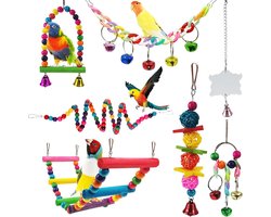 7-Delige Parkiet Speelgoedset – Vogelladders - Vogelkooi Vogel Speelgoed Set - Papegaai Speelset - Vogelschommel - Ladder - Bal met bel - Kleurrijk Houten Kooispeelgoed - voor Parkieten en Lovebirds
