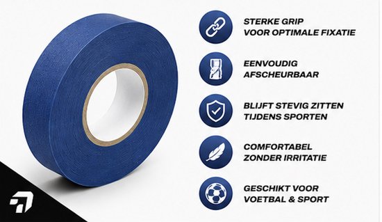 Blauwe sporttape rol met focus op sterke grip en scheurbaarheid. Tekst: STERKE GRIP VOOR OPTIMALE FIXATIE.