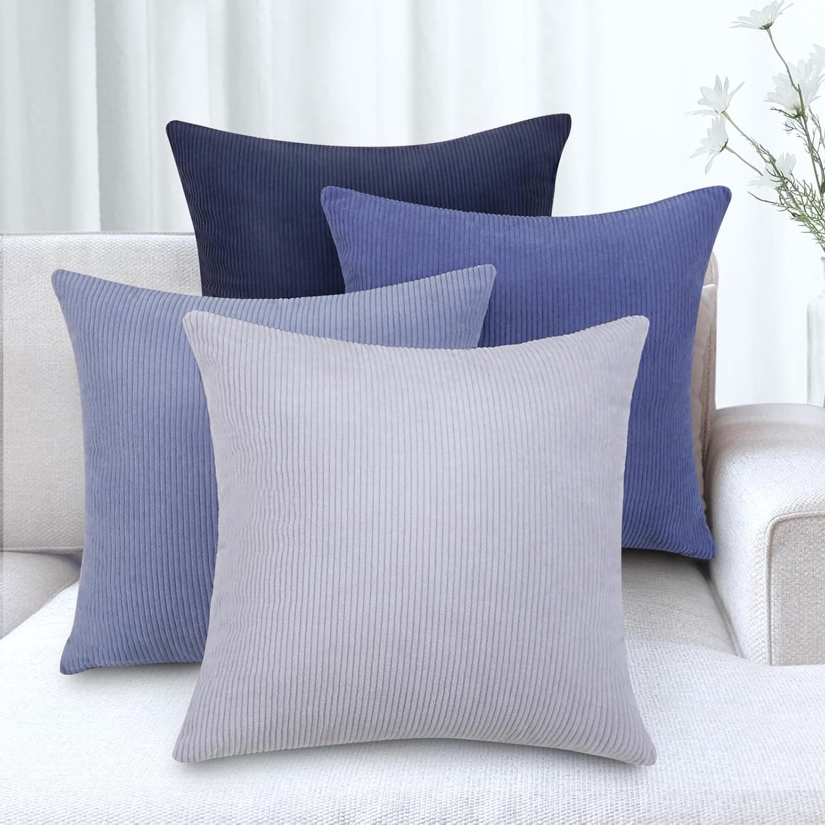 Moderne Corduroy Kussenhoezen voor Bank en Slaapkamer, Duurzaam en Onderhoudsvriendelijk (Blauw, 40 x 40 cm, Set van 4)