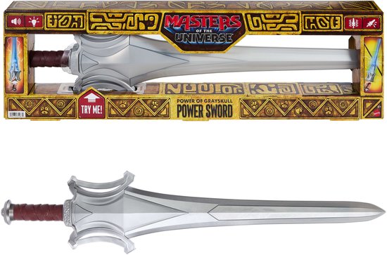 Een Masters of the Universe Greyskull Power Sword speelgoed in verpakking en daarbuiten, met tekst "MASTERS OF THE UNIVERSE POWER SWORD".