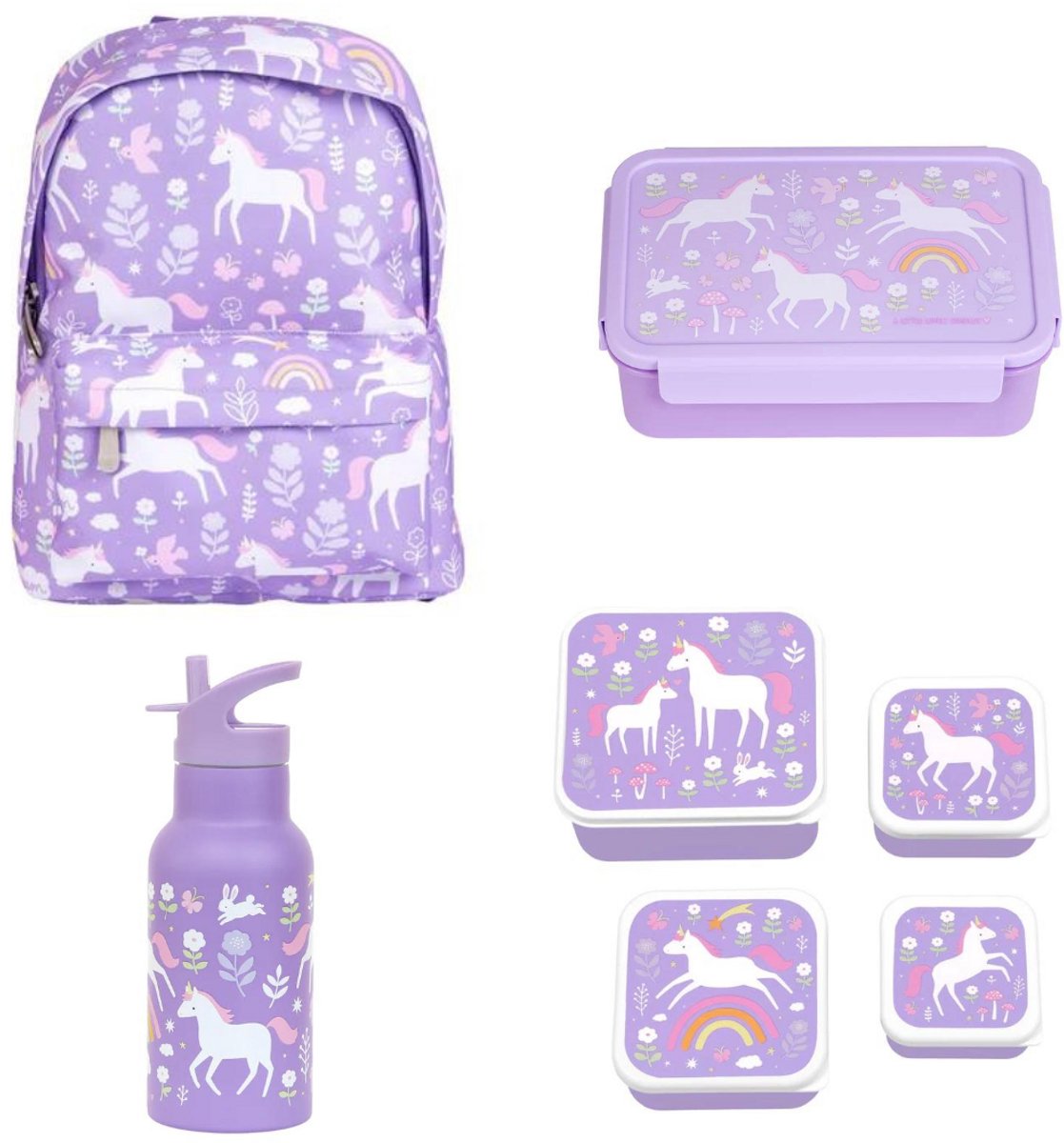 Bundel A Little Lovely Company Back to school set - Rugzak/Drinkfles RVS/4 Snackdozen/Bentobox - Unicorn Dreams
