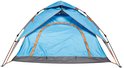 Blauwe pop-up tent met oranje accenten en grijze vloer, frontaal zicht.