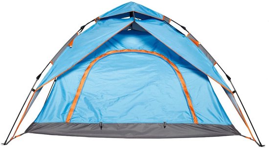 Blauwe pop-up tent met oranje accenten en grijze vloer, frontaal zicht.