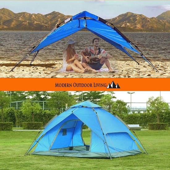 Bovenste deel toont een blauw zonnescherm op een strand. Onderste deel toont een blauwe tent op gras.
