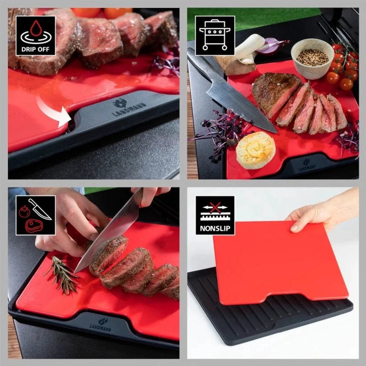 LANDMANN Snijplank 26 cm x 26 cm x 2 cm - hakplank met siliconenmat - plank met druppelbeschermingsmat I stabiel, waterafstotend en antislip