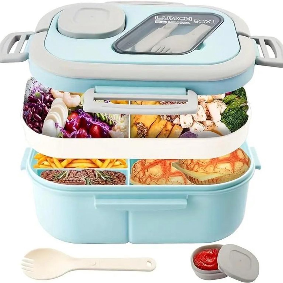 KZQ Lunchbox - Bentobox voor volwassenen - Saladebak met grote inhoud - met handvat - Sausbakje - met ingebouwde herbruikbare vork - Blauw