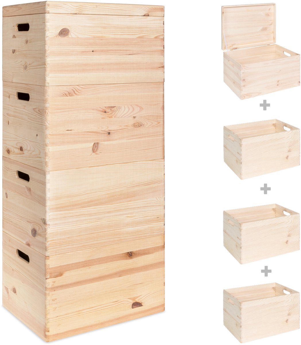 Haudt® Houten stapelkist set 92cm - 3 x KIM Maxi open en 1 x KIM Maxi met klepdeksel - stapelbare opbergoplossing - houten kisten - opbergkist - vurenhout