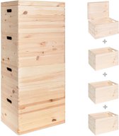 Haudt® Houten stapelkist set 92cm - 3 x KIM Maxi open en 1 x KIM Maxi met klepdeksel - stapelbare opbergoplossing - houten kisten - opbergkist - vurenhout